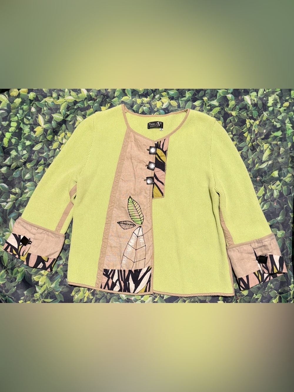 Tivoli Lime Green and Beige Patchwork Cardigan Size M